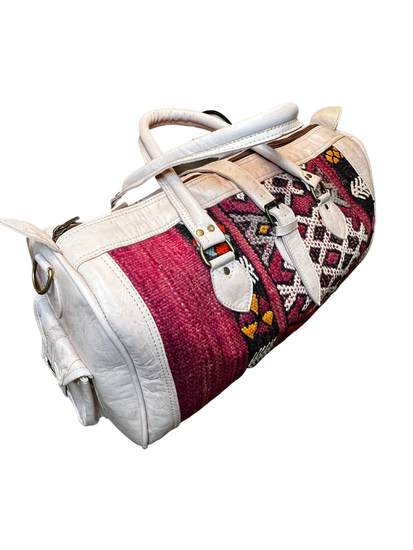 Upcycled Moroccan Carpet & Leather Duffel Bag | Cream ((Morocco)