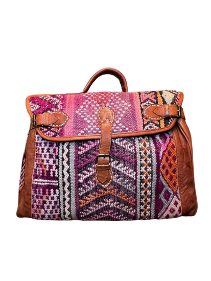 Upcycled Moroccan Carpet & Leather Weekender Bag | Cognac (Morocco)