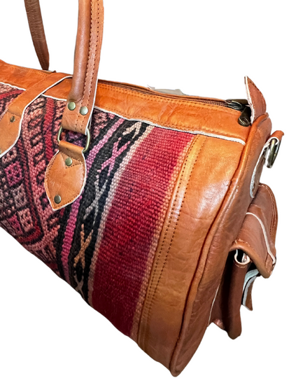 Upcycled Moroccan Carpet & Leather Duffel Bag | Cognac (Morocco)