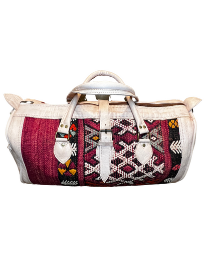 Upcycled Moroccan Carpet & Leather Duffel Bag | Cream ((Morocco)