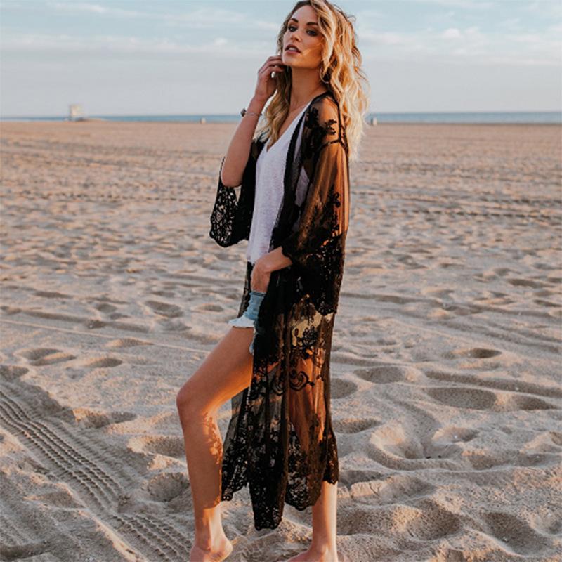 Lace Beach Kimono | Black / White One Size (USA)