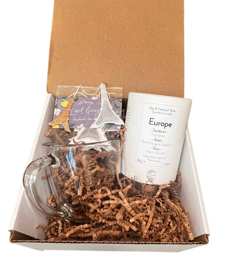 Travel Europe Gift Set | 3pk Travel Candle, Globe Tea & Glass Mug