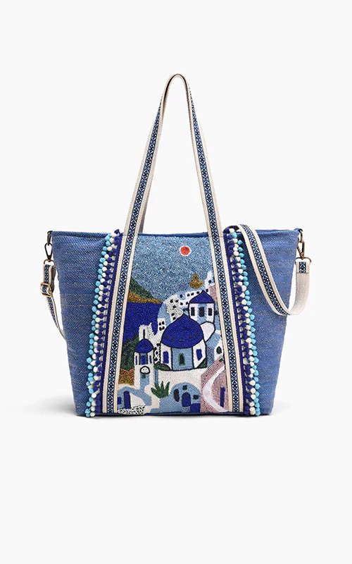 Hand-Beaded & Sustainably Made Tote Bag |Santorini Sky (India)