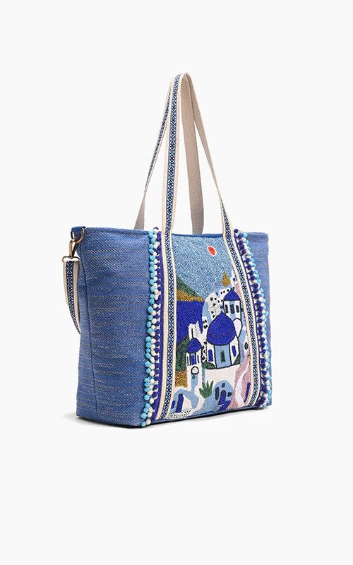 Hand-Beaded & Sustainably Made Tote Bag |Santorini Sky (India)