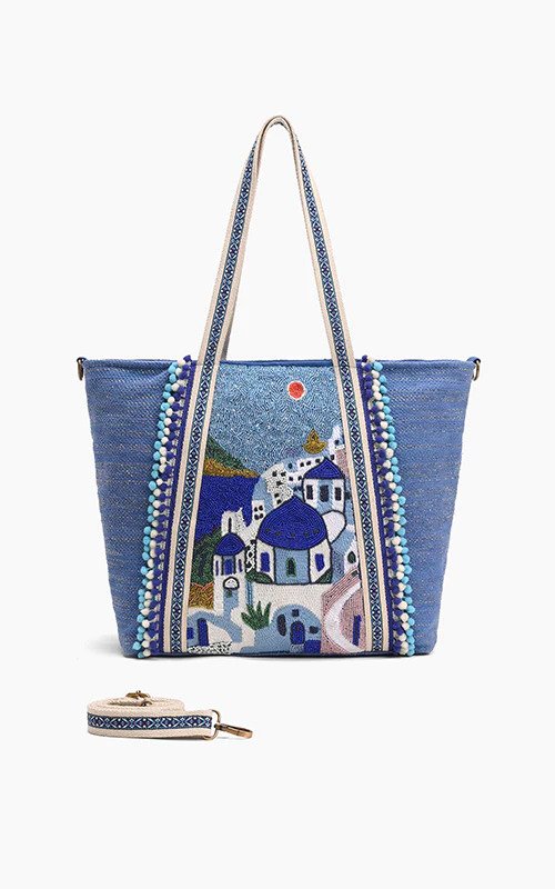 Hand-Beaded & Sustainably Made Tote Bag |Santorini Sky (India)