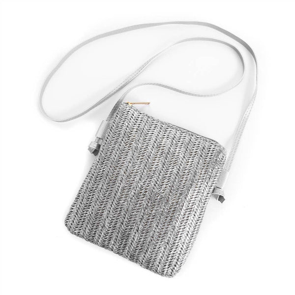 Metallic Knitted Straw Cellphone Crossbody | Silver (Canada)