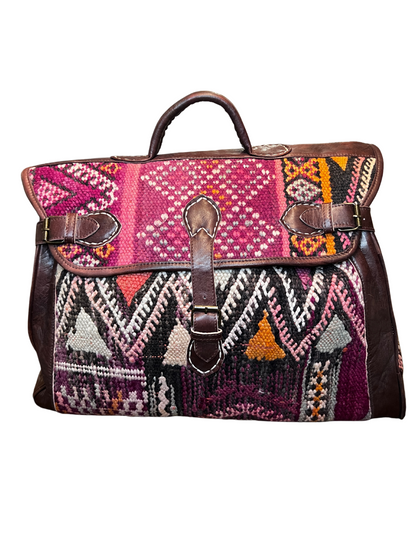 Upcycled Moroccan Carpet & Leather Weekender Bag | Dark Brown (Morocco)