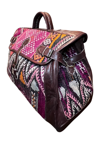 Upcycled Moroccan Carpet & Leather Weekender Bag | Dark Brown (Morocco)
