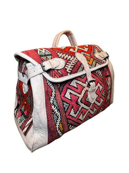 Upcycled Moroccan Carpet & Leather Weekender Bag | Cream (Morocco)