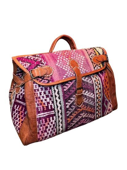 Upcycled Moroccan Carpet & Leather Weekender Bag | Cognac (Morocco)