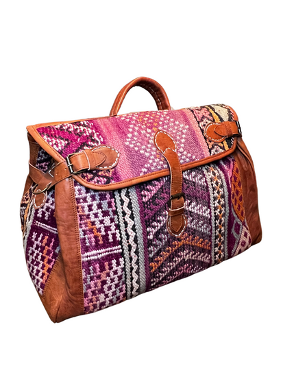 Upcycled Kilm and Natural Leather Weekender Bag Cognac | (Morocco)