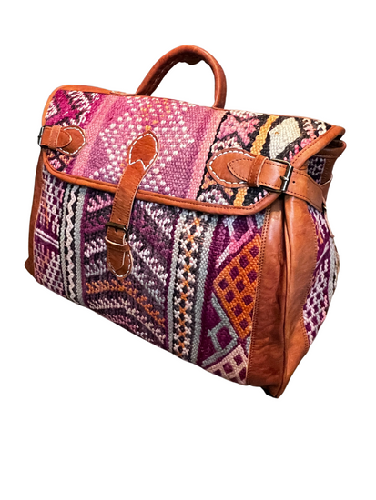 Upcycled Moroccan Carpet & Leather Weekender Bag | Cognac (Morocco)