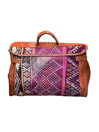 Upcycled Kilm and Natural Leather Weekender Bag Cognac | (Morocco)