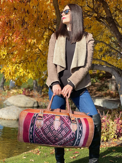 Upcycled Moroccan Carpet & Leather Duffel Bag | Cognac (Morocco)