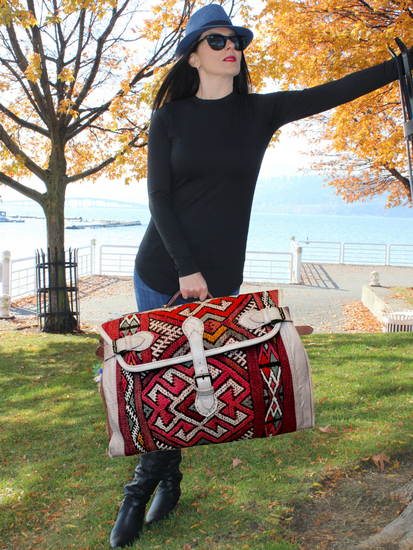 Upcycled Moroccan Carpet & Leather Weekender Bag | Cream (Morocco)