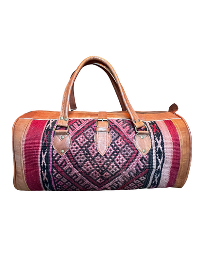 Upcycled Moroccan Carpet & Leather Duffel Bag | Cognac (Morocco)