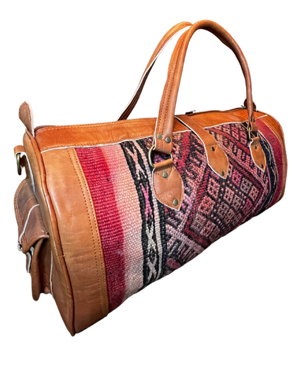 Upcycled Moroccan Carpet & Leather Duffel Bag | Cognac (Morocco)