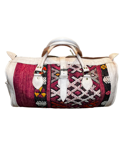 Upcycled Moroccan Carpet & Leather Duffel Bag | Cream ((Morocco)