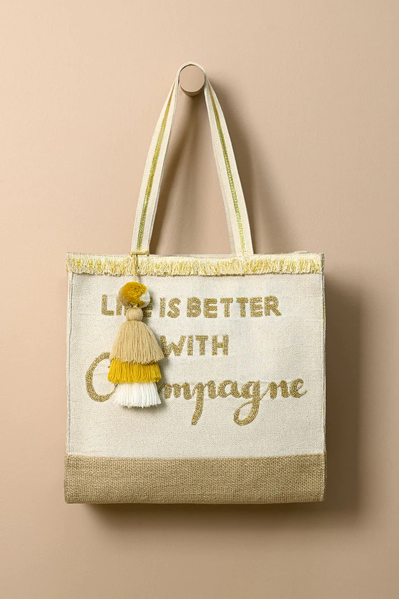 Champagne Forever Tote - Hand Beaded Jute Tote for Women