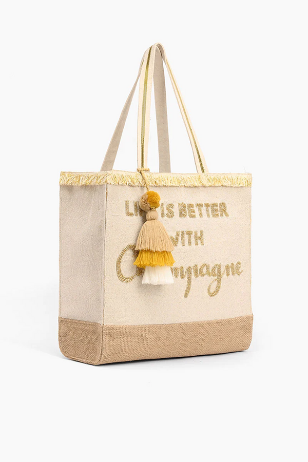 Champagne Forever Tote - Hand Beaded Jute Tote for Women