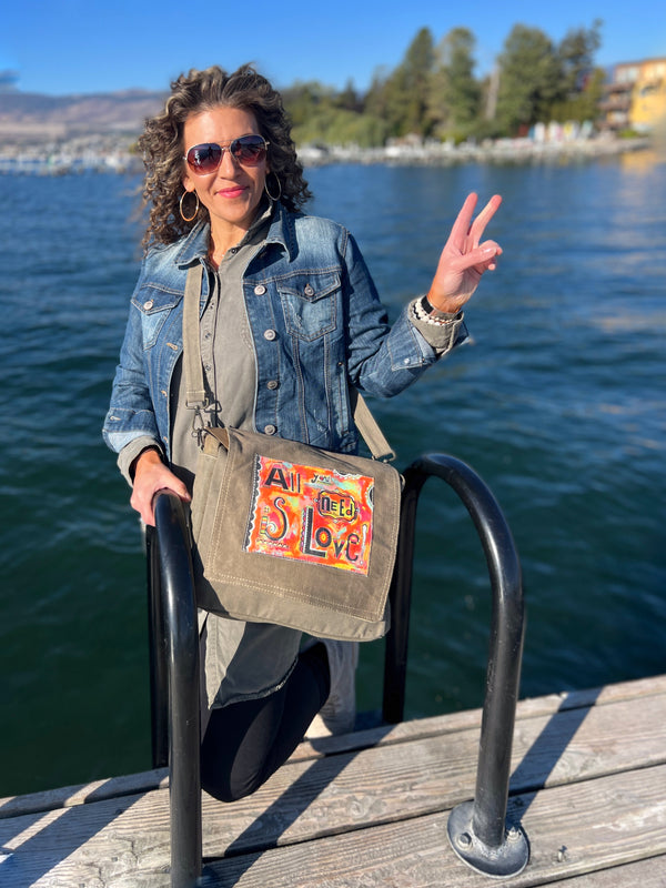 Recycled Military Tent Crossbody Messenger Bag | All You Need Is Love