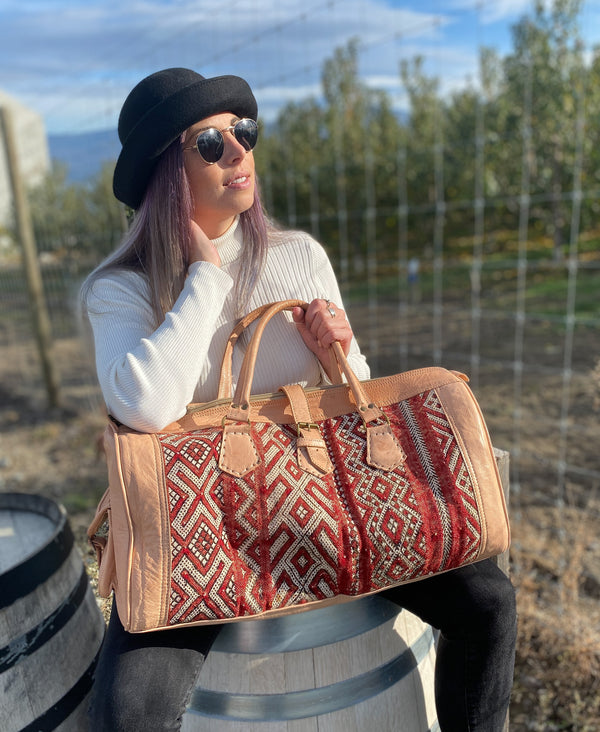 Recycled Moroccan Carpet + Natural Leather Duffel Bag (Morocco)