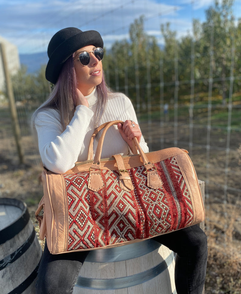 Recycled Moroccan Carpet + Natural Leather Duffel Bag (Morocco)