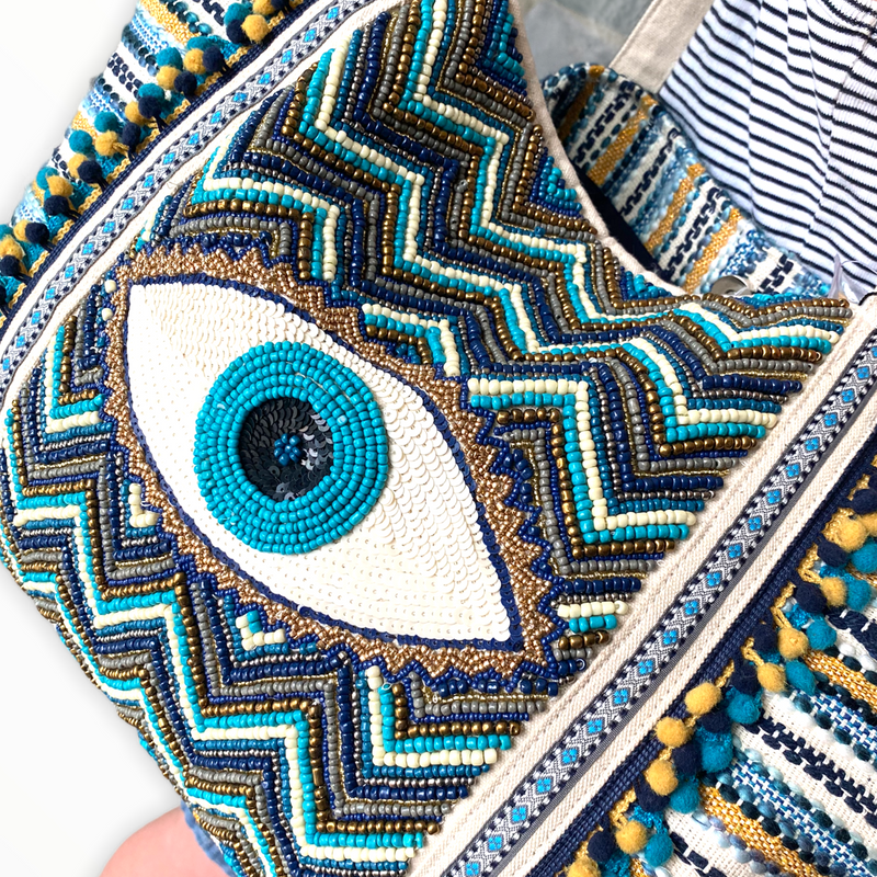 Sustainably Made + Hand-Beaded | Grecian Nights Evil Eye Bag (India)