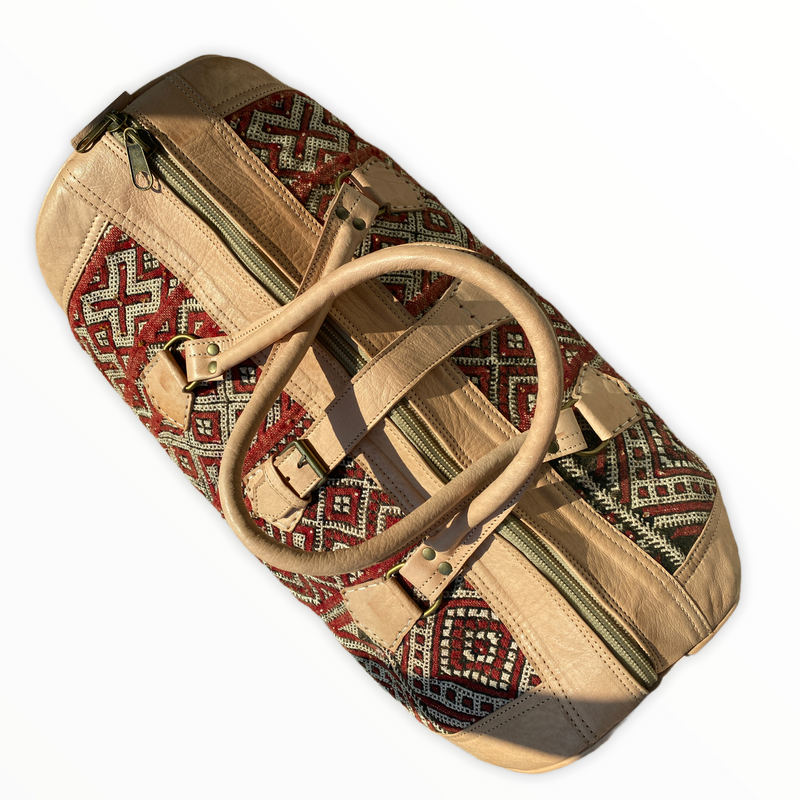 Recycled Moroccan Carpet + Natural Leather Duffel Bag (Morocco)